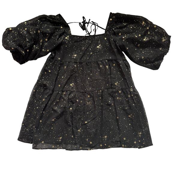 Nasty Gal Metallic Star Print Puff Sleeve Baby Doll Tiered Mini Dress 8 - Picture 2 of 7